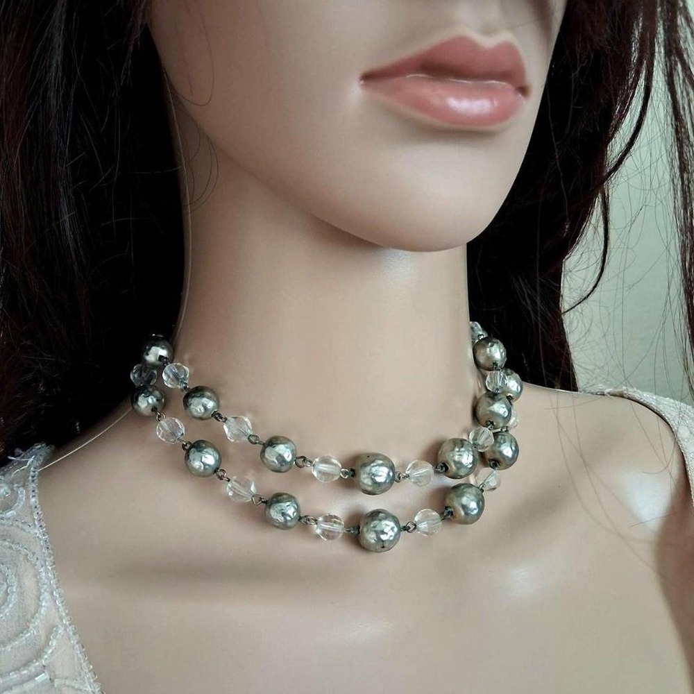 Vintage 90s 50s Retro Revival Double Choker Necklace Hammered Metal Beads